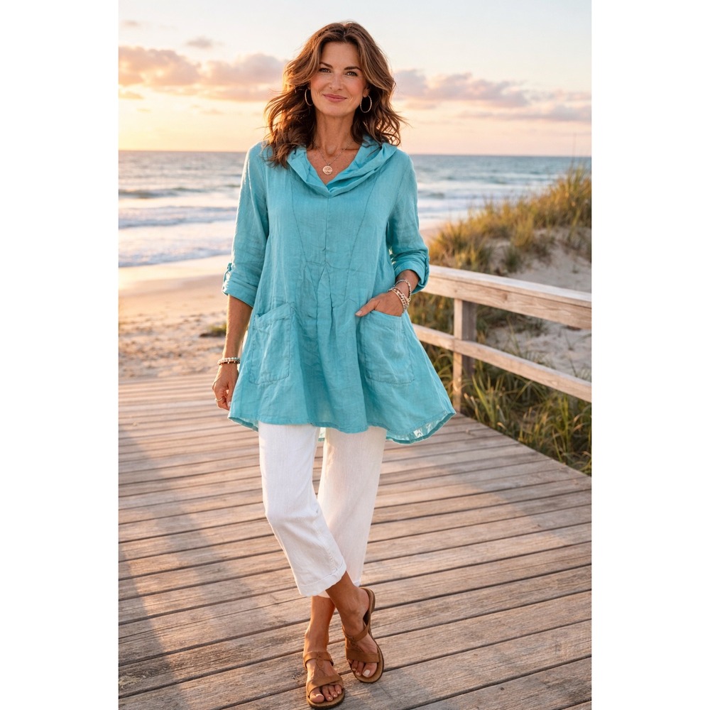 Match Point Womens Linen Tunic Top Turquoise‎ Blue Cowl Neck Pockets HL7482 USA